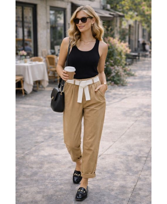 PANTALON TAILLE ELASTIQUE 2 POCHES + CEINTURE CAMEL