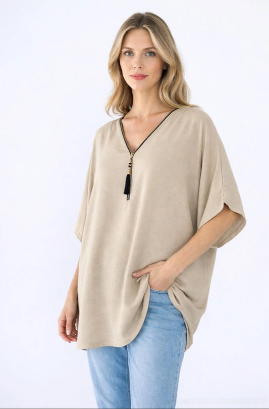 Tunique ample fermeture éclair beige |boutikfaby.fr