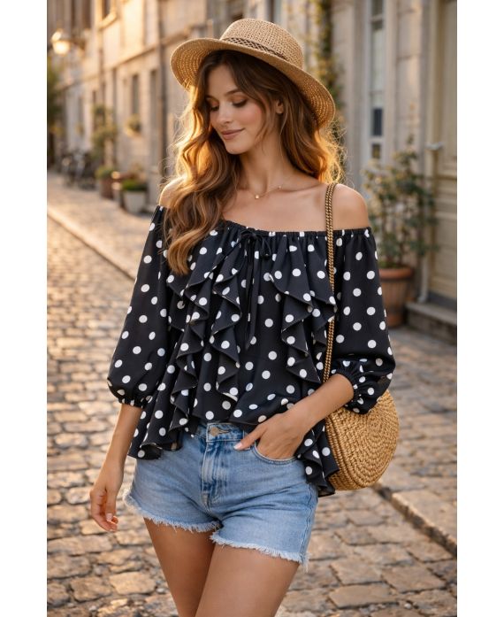 Blouse à pois volants cascade femme