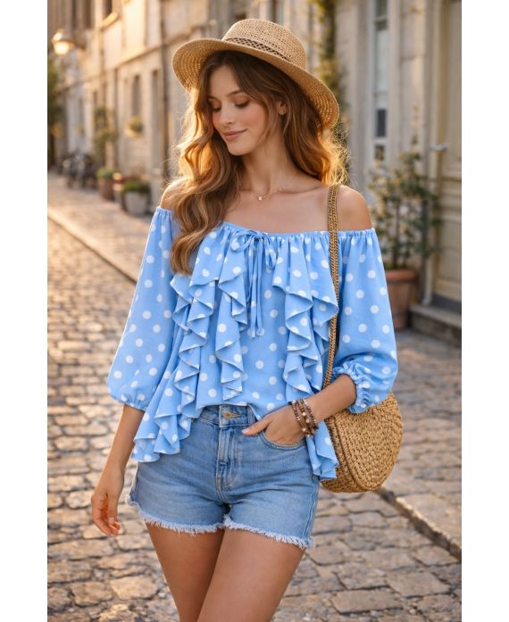 Blouse à pois volants cascade femme