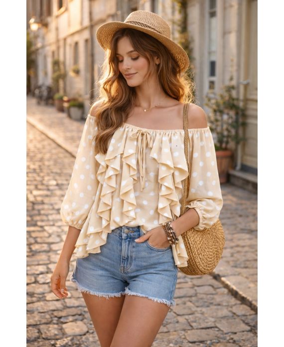 Blouse à pois volants cascade femme