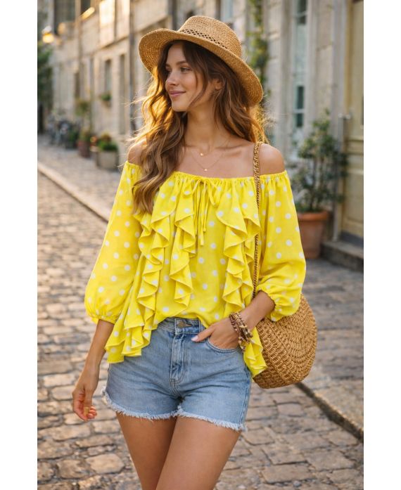 Blouse à pois volants cascade femme