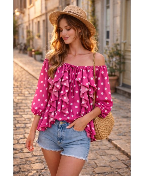 Blouse à pois volants cascade femme