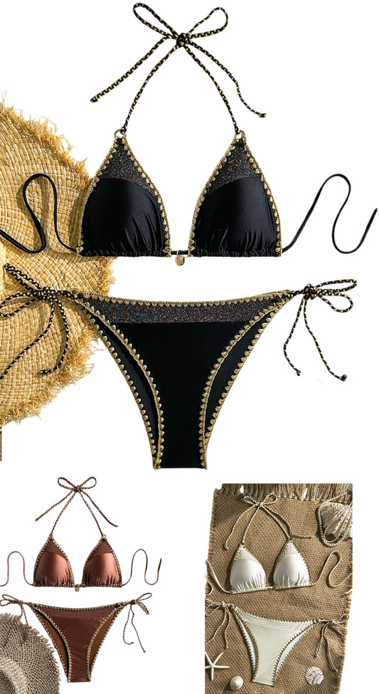 Bikini avec motif pailleté graphique et bordure tissée