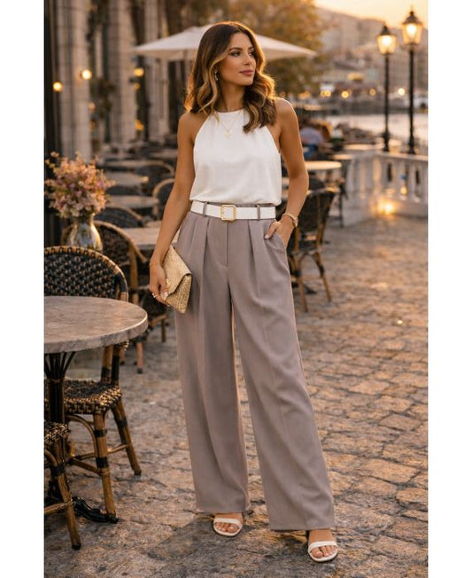 PANTALON FLUIDE AVEC CEINTURE TAUPE