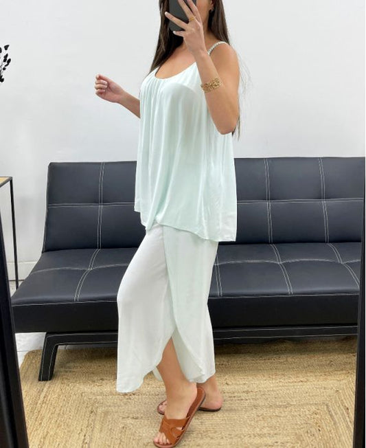PANTALON FLUIDE DRAPE + CEINTURE VERT PASTEL CLAIR
