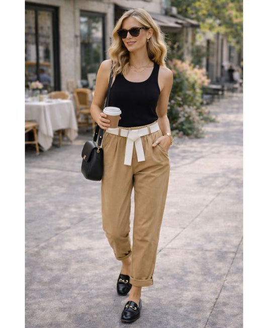 PANTALON TAILLE ELASTIQUE 2 POCHES + CEINTURE CAMEL