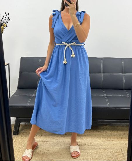 Robe longue 130cm encolure V avec 2 noeuds, 90% viscose. Disponible en Noir, Vert et Bleu. Fluide et élégante.
