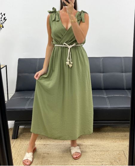 Robe longue 130cm encolure V avec 2 noeuds, 90% viscose. Disponible en Noir, Vert et Bleu. Fluide et élégante.