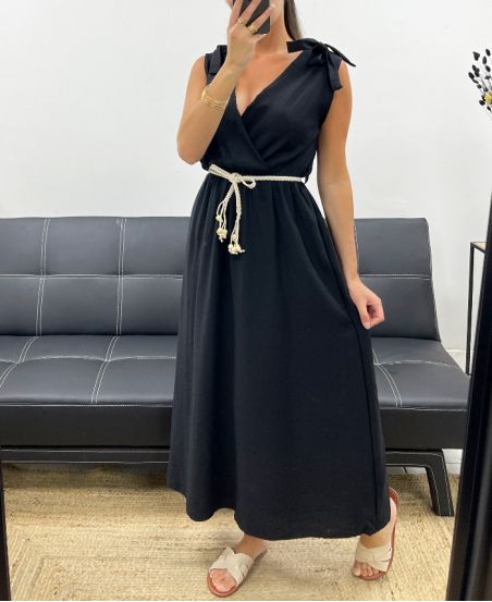 Robe longue 130cm encolure V avec 2 noeuds, 90% viscose. Disponible en Noir, Vert et Bleu. Fluide et élégante.