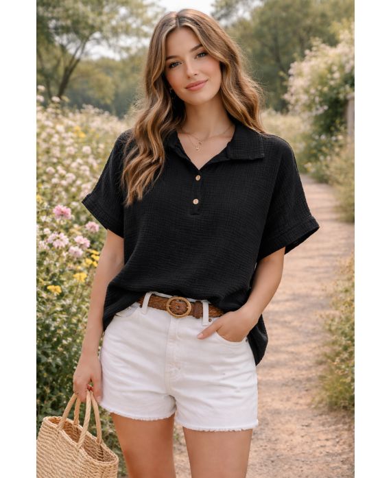 Top gaze de coton col polo à boutons femme