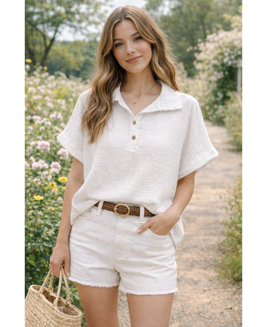 Top gaze de coton col polo à boutons femme