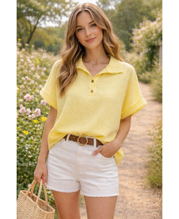 Top gaze de coton col polo à boutons femme