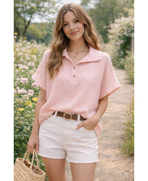 Top gaze de coton col polo à boutons femme