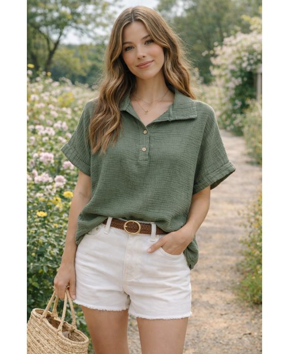 Top gaze de coton col polo à boutons femme